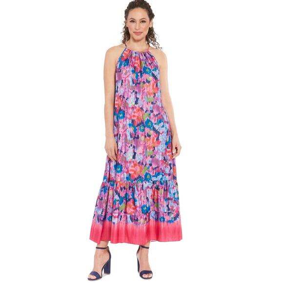 London Times Women's Ikat Floral Halter Maxi Dress Beach Vacation Sz 10 New - Picture 1 of 12